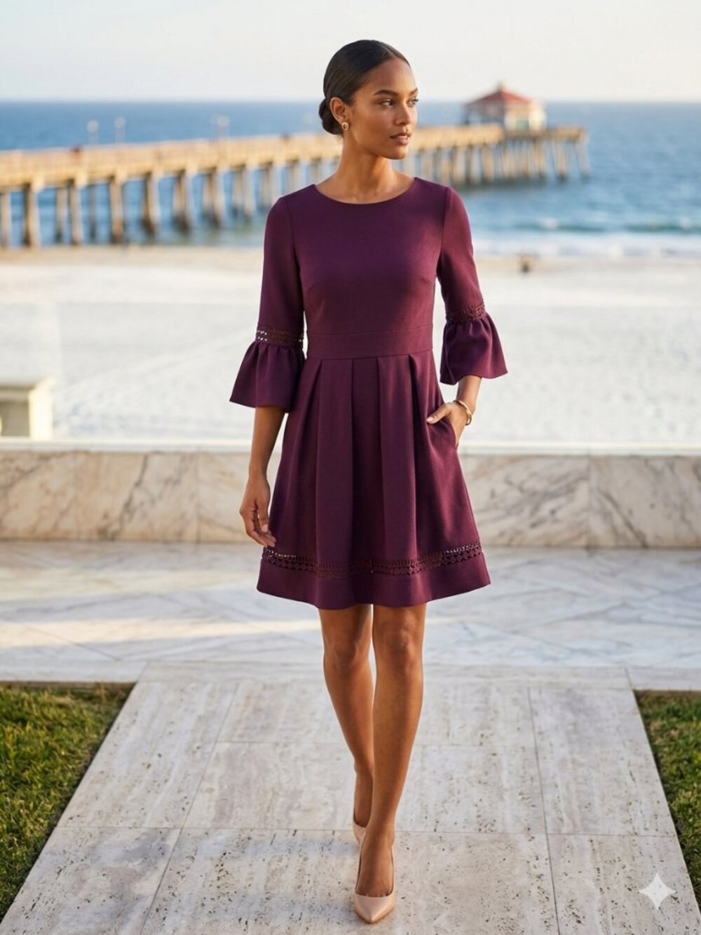 Eliza J Purple Bell Sleeve Pleated Mini Dress with Pockets 4P